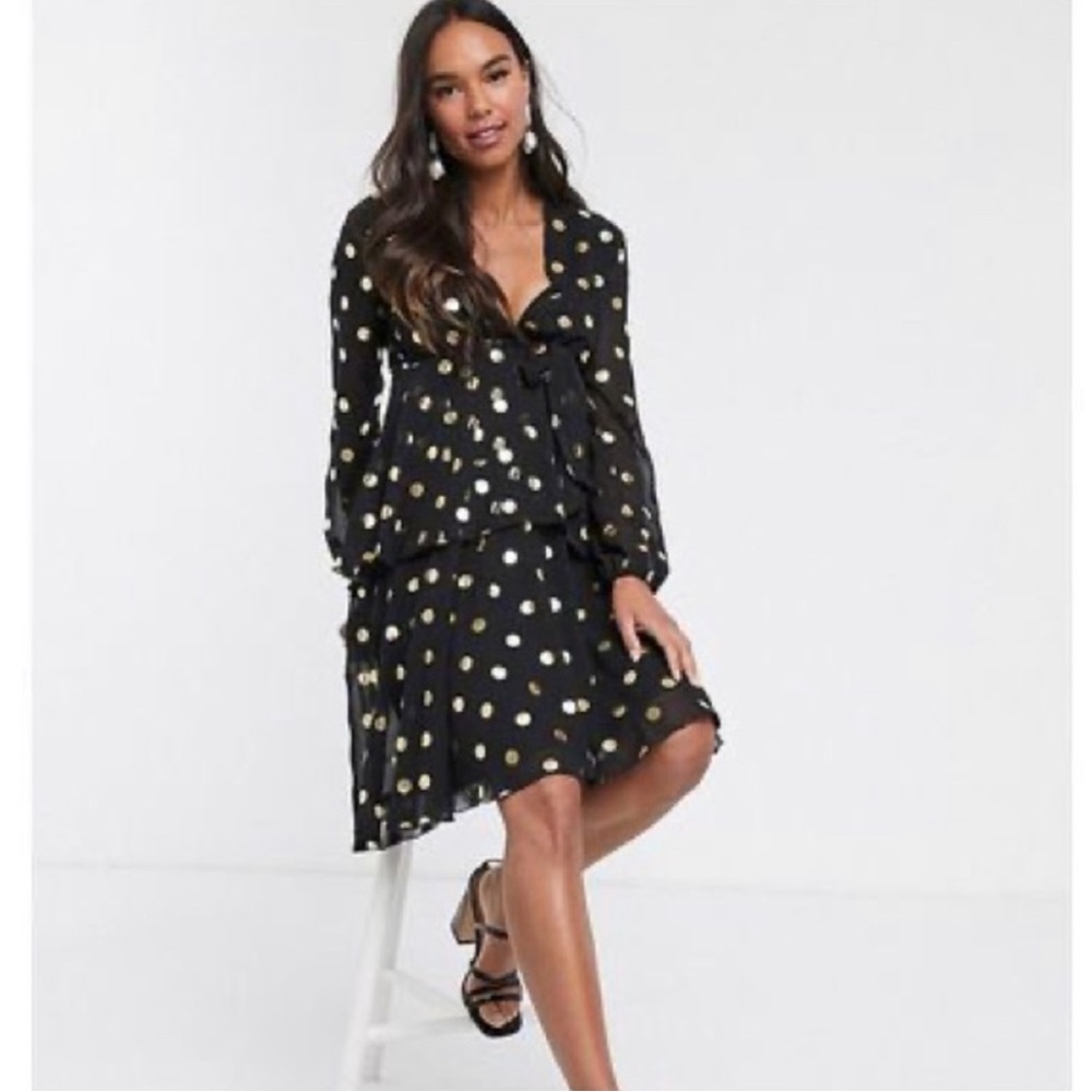 Maternity Midi Dress Tiered Long Sleeve in Black Gold Polka Dot Size 8 New w/Tag